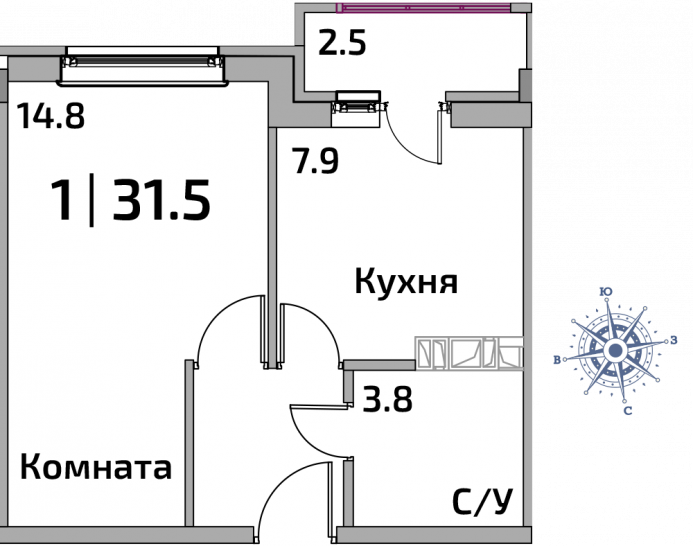 Однокомнатная квартира 31.5 м²