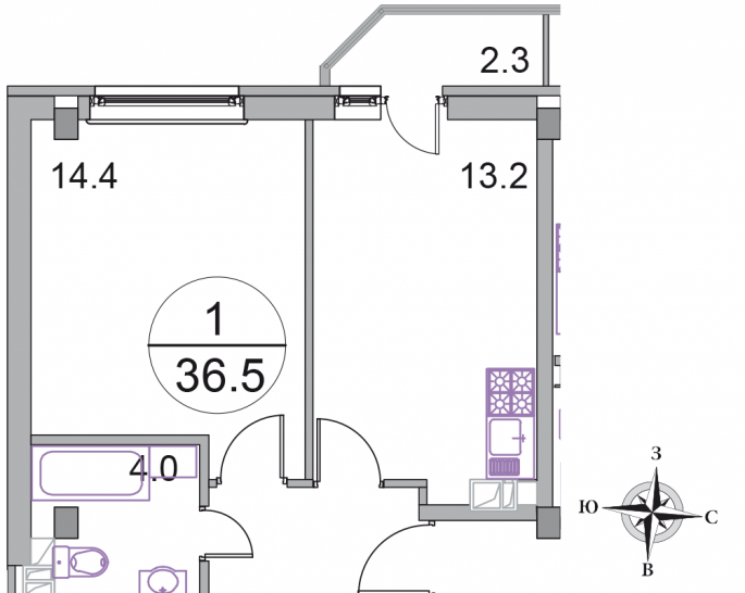 Однокомнатная квартира 36.5 м²