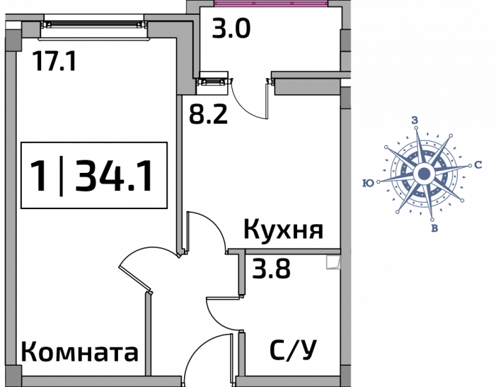 Однокомнатная квартира 34.1 м²