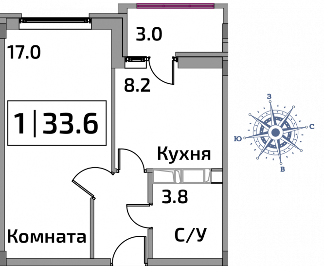 Однокомнатная квартира 33.6 м²