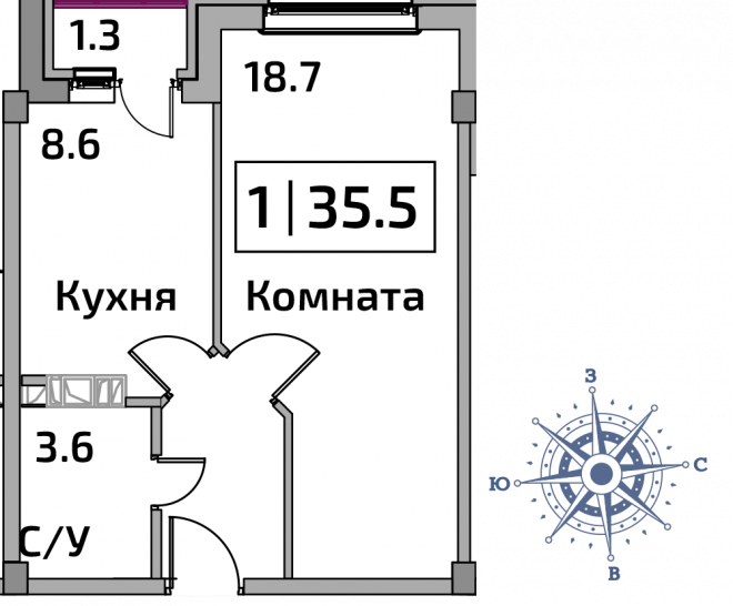 Однокомнатная квартира 35.5 м²