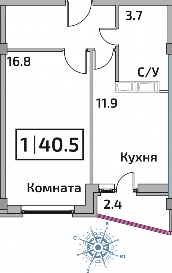Однокомнатная квартира 40.5 м²