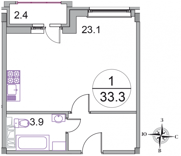 Студия 33.3 м²