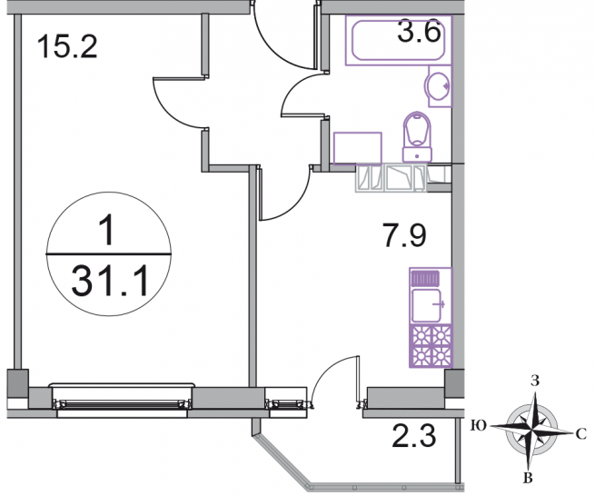 Однокомнатная квартира 31.1 м²