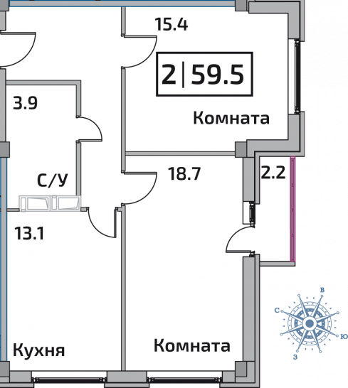 Двухкомнатная квартира 59.5 м²