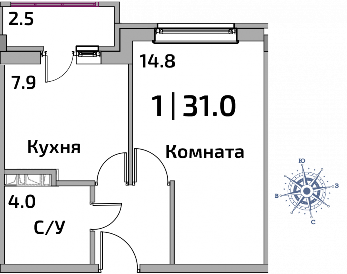 Однокомнатная квартира 31 м²