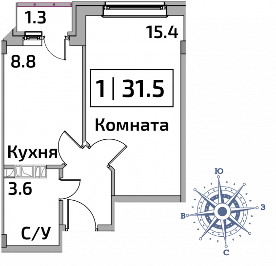 Однокомнатная квартира 31.5 м²
