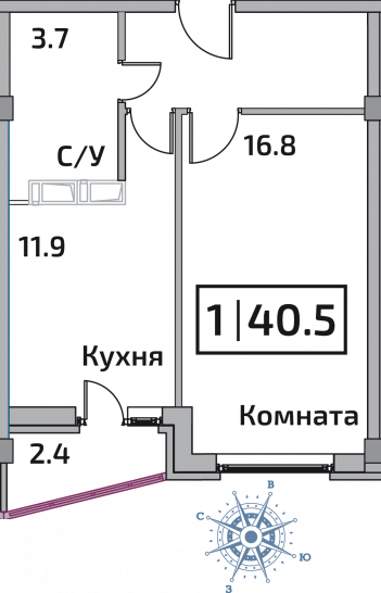 Однокомнатная квартира 40.5 м²
