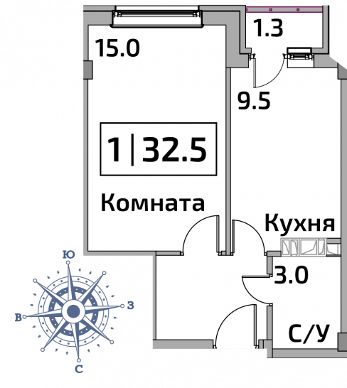 Однокомнатная квартира 32.5 м²