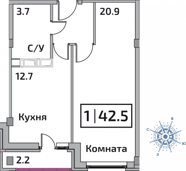 Однокомнатная квартира 42.5 м²