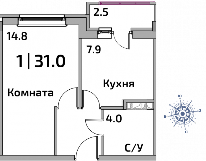 Однокомнатная квартира 31 м²