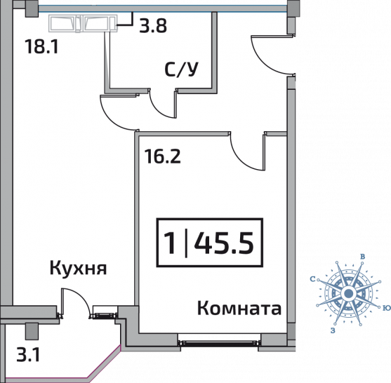 Однокомнатная квартира 45.5 м²