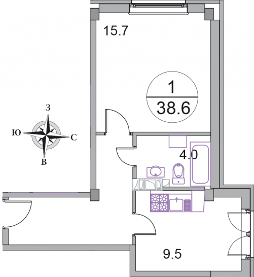 Однокомнатная квартира 38.6 м²