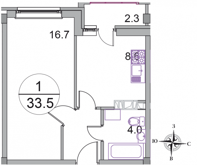 Однокомнатная квартира 33.5 м²
