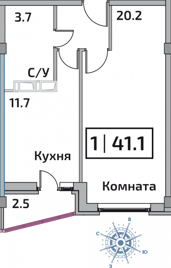 Однокомнатная квартира 41.1 м²