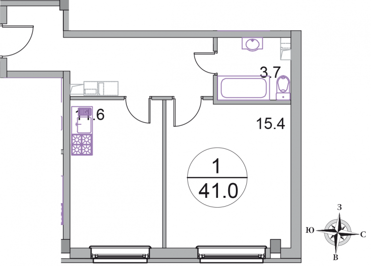 Однокомнатная квартира 41 м²