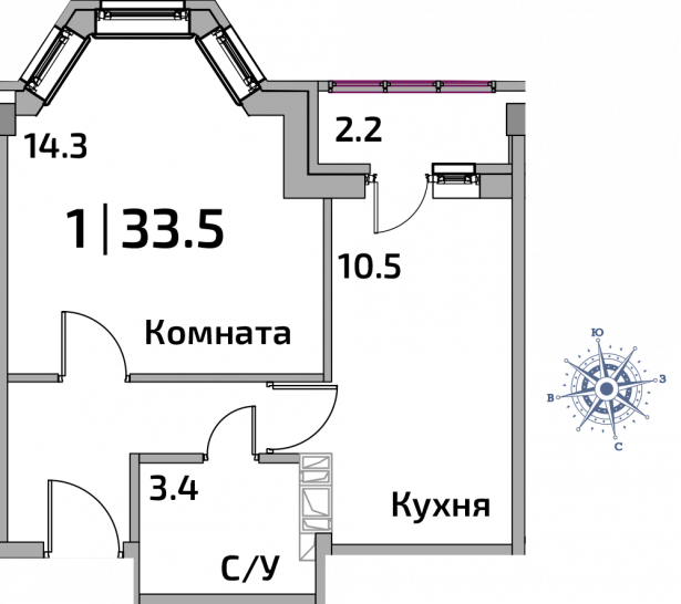 Однокомнатная квартира 33.5 м²