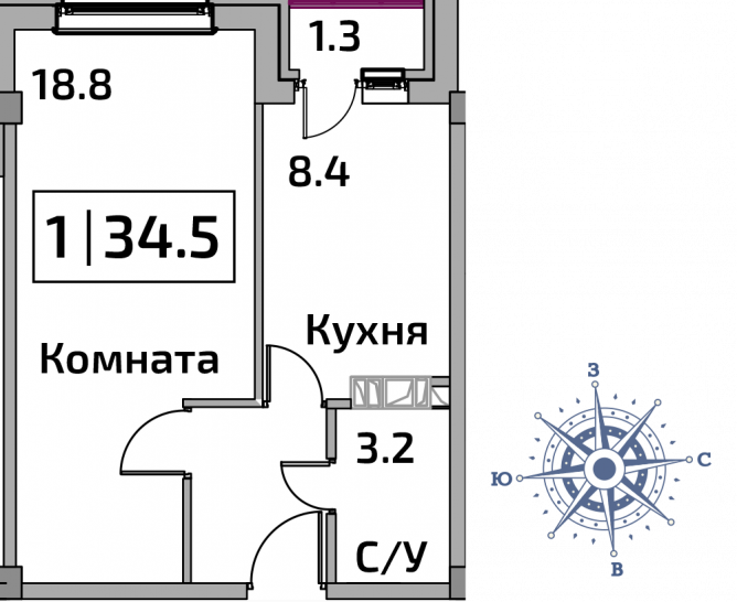 Однокомнатная квартира 34.5 м²