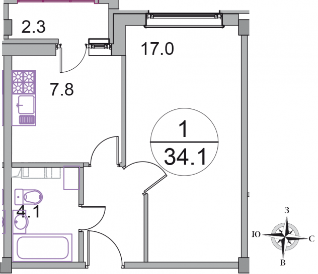 Однокомнатная квартира 34.1 м²