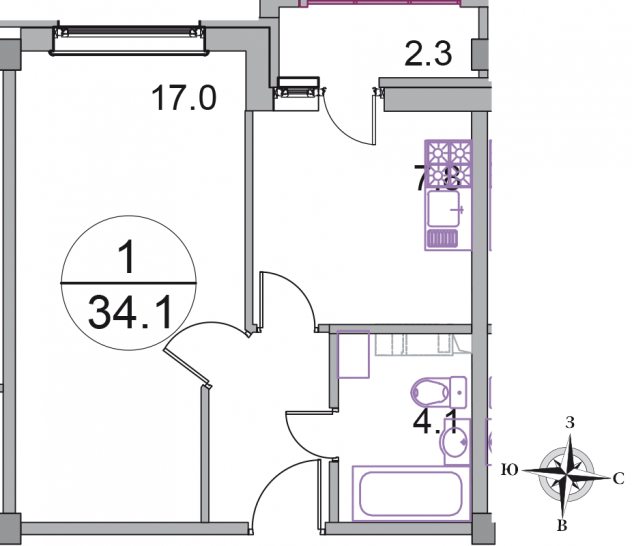 Однокомнатная квартира 34.1 м²