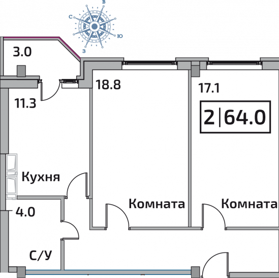 Двухкомнатная квартира 64 м²