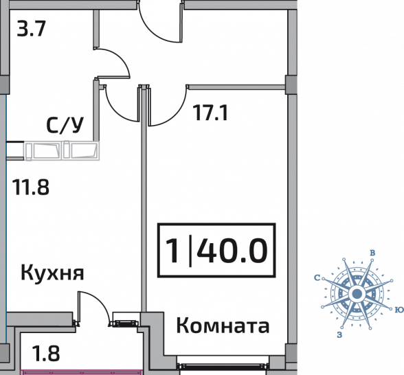 Однокомнатная квартира 40 м²