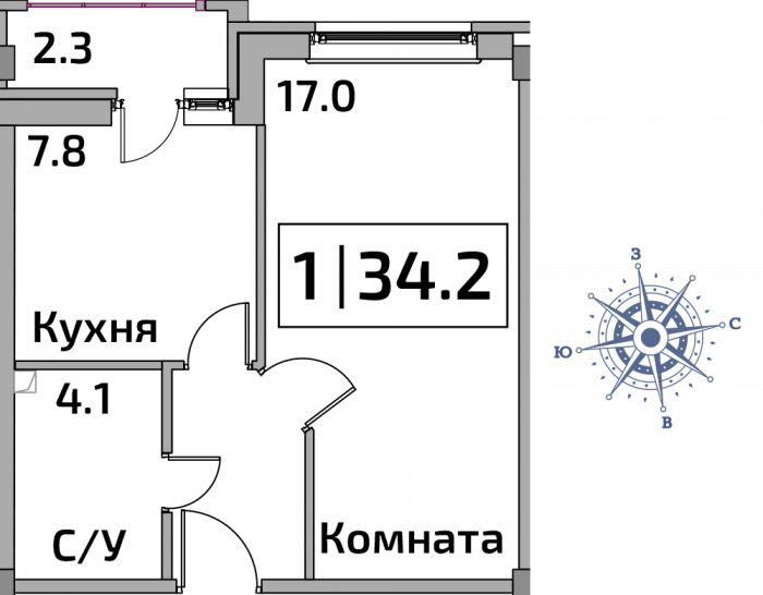 Однокомнатная квартира 34.2 м²