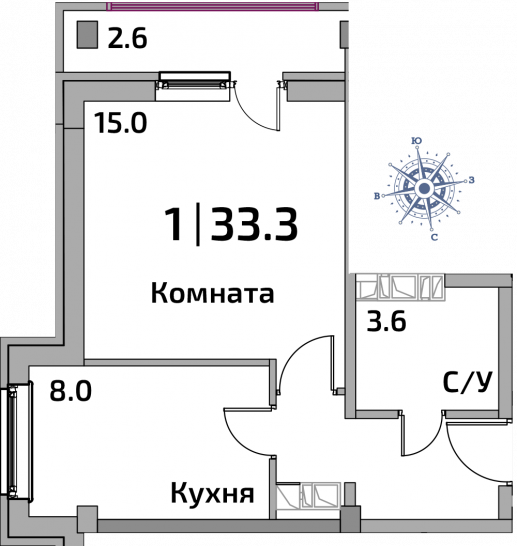 Однокомнатная квартира 32 м²
