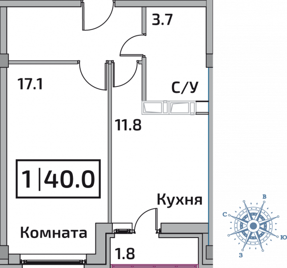 Однокомнатная квартира 40 м²