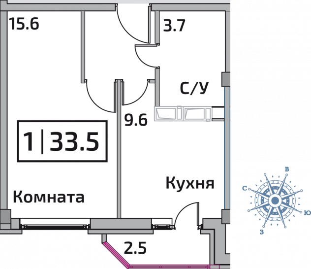 Однокомнатная квартира 33.5 м²