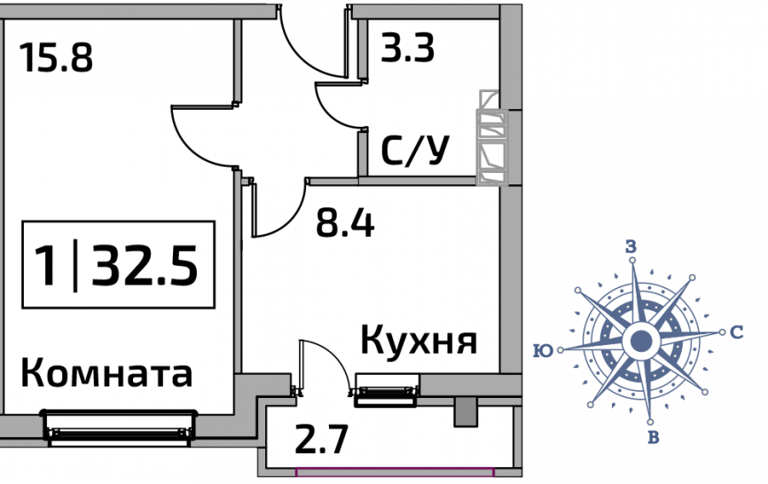 Однокомнатная квартира 32.5 м²