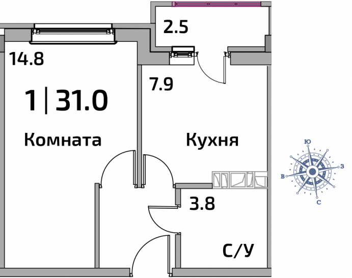 Однокомнатная квартира 31 м²