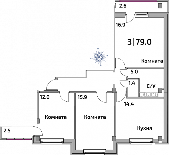 Трёхкомнатная квартира 76 м²
