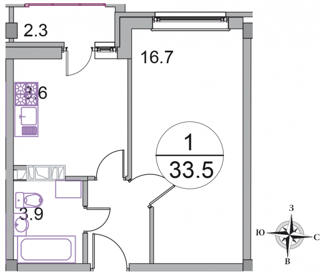 Однокомнатная квартира 33.5 м²