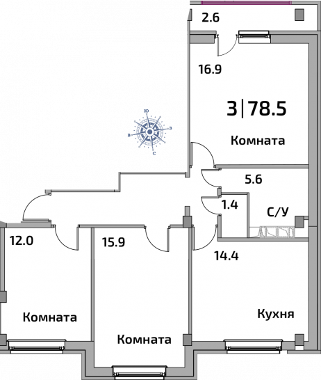 Трёхкомнатная квартира 76.5 м²