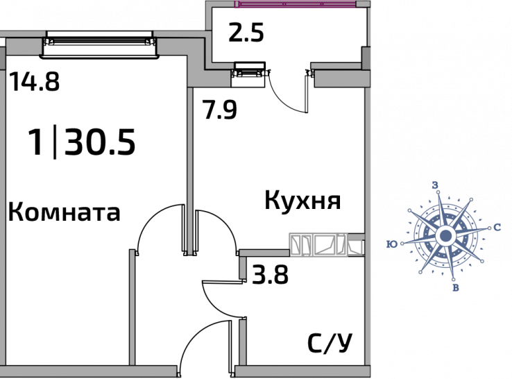 Однокомнатная квартира 30.5 м²