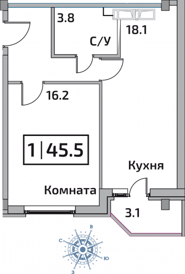 Однокомнатная квартира 45.5 м²