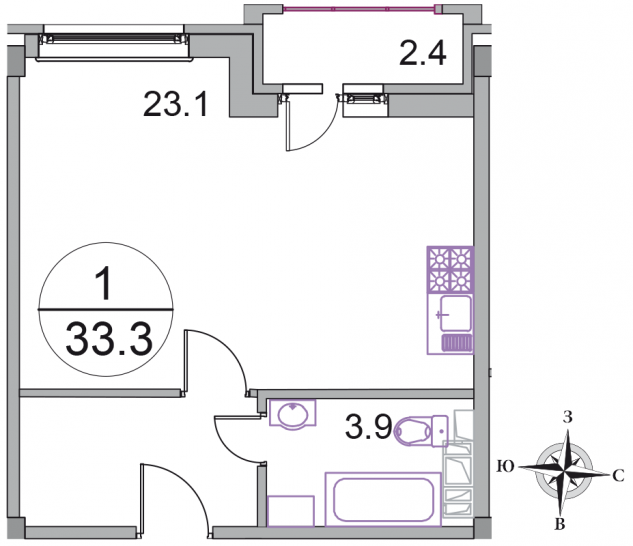 Студия 33.3 м²