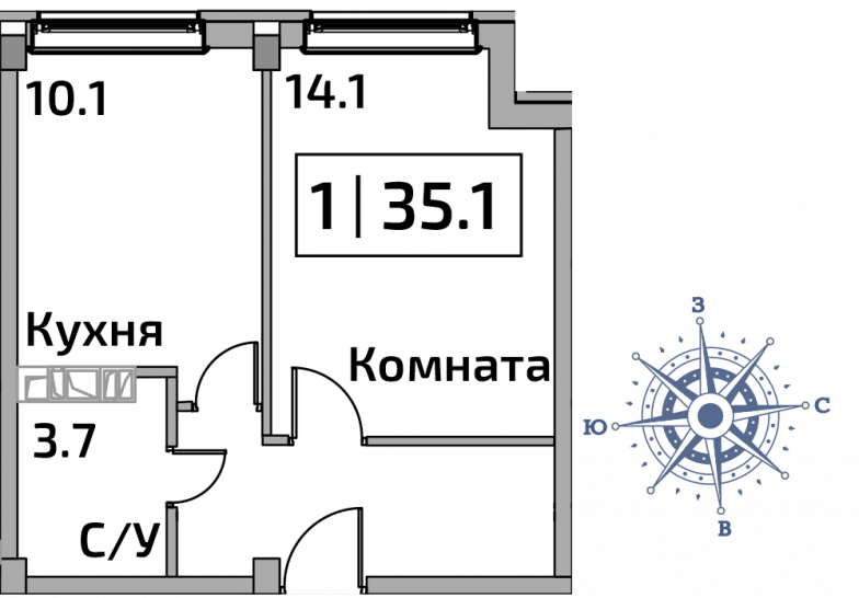 Однокомнатная квартира 35.1 м²