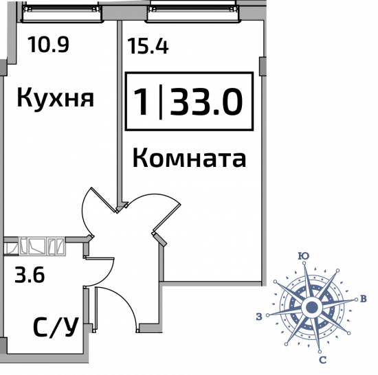 Однокомнатная квартира 33 м²