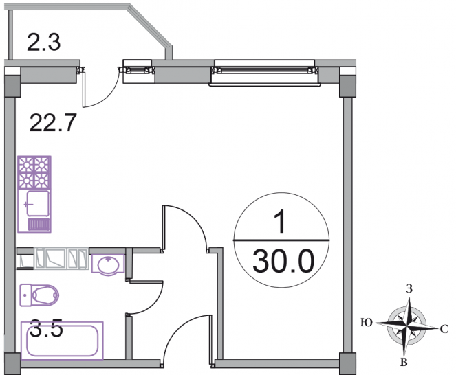 Однокомнатная квартира 30 м²