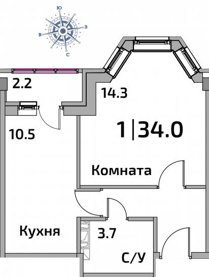 Однокомнатная квартира 34 м²