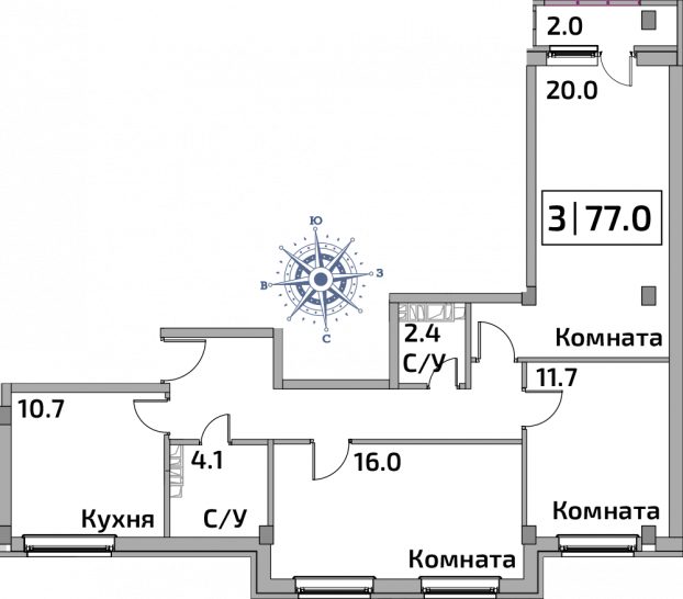 Трёхкомнатная квартира 77 м²