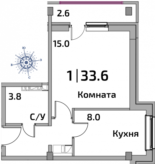 Однокомнатная квартира 32.6 м²