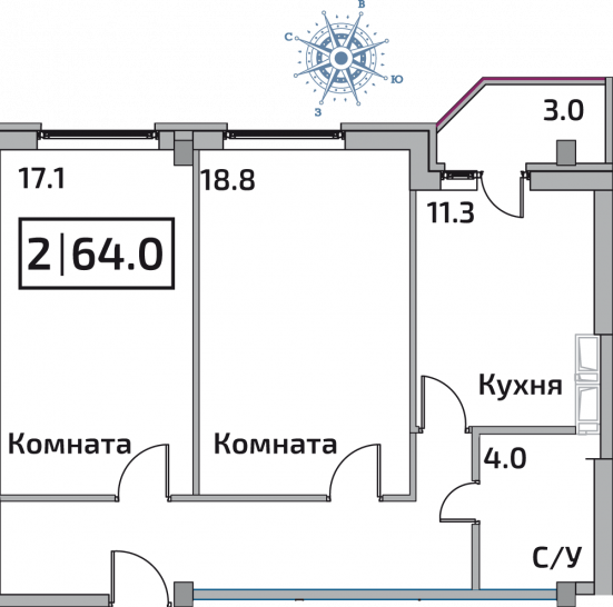 Двухкомнатная квартира 64 м²