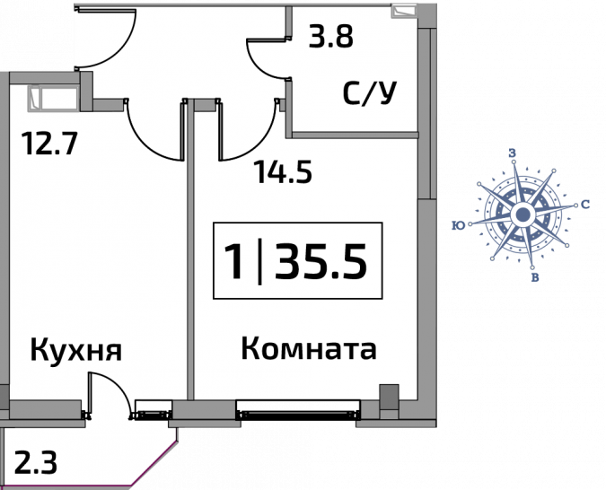 Однокомнатная квартира 35.5 м²