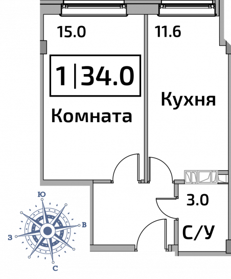 Однокомнатная квартира 34 м²
