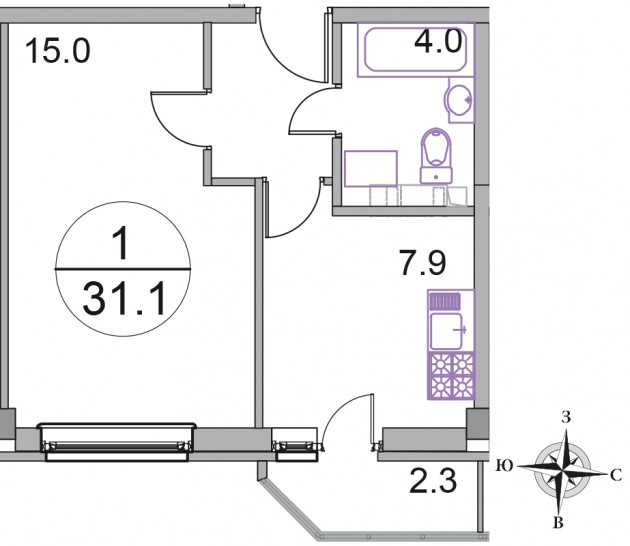 Однокомнатная квартира 31.1 м²