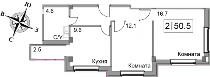 Двухкомнатная квартира 50.5 м²