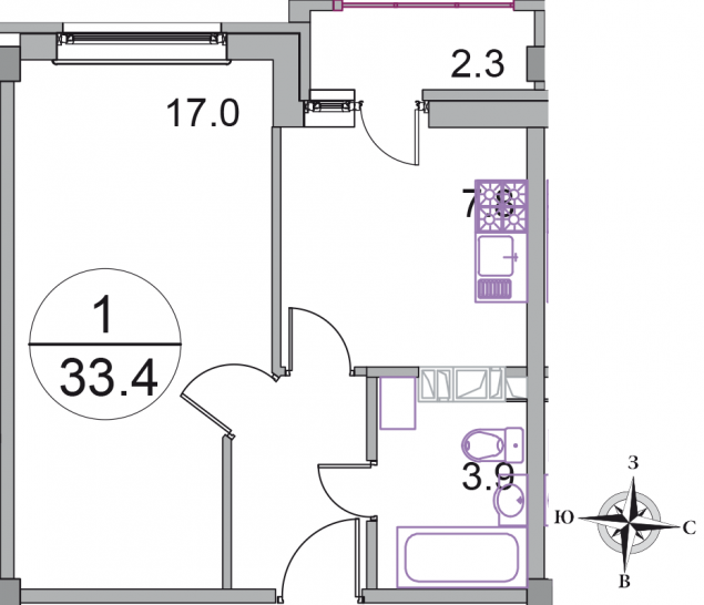 Однокомнатная квартира 33.4 м²